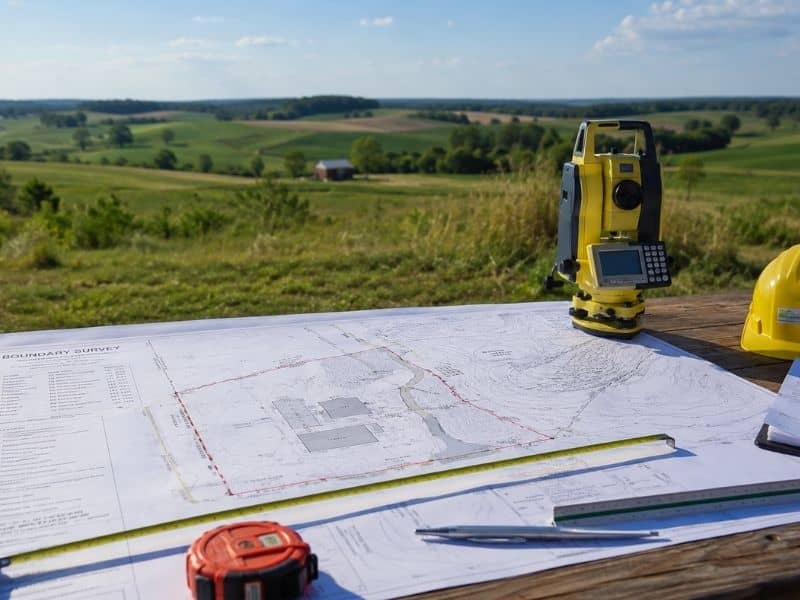 Surveying tools and property maps placed outdoors overlooking open land during a site planning and boundary survey project