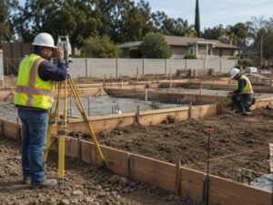 Construction surveying in Pelham AL checking foundation layout and concrete forms before the concrete pour.
